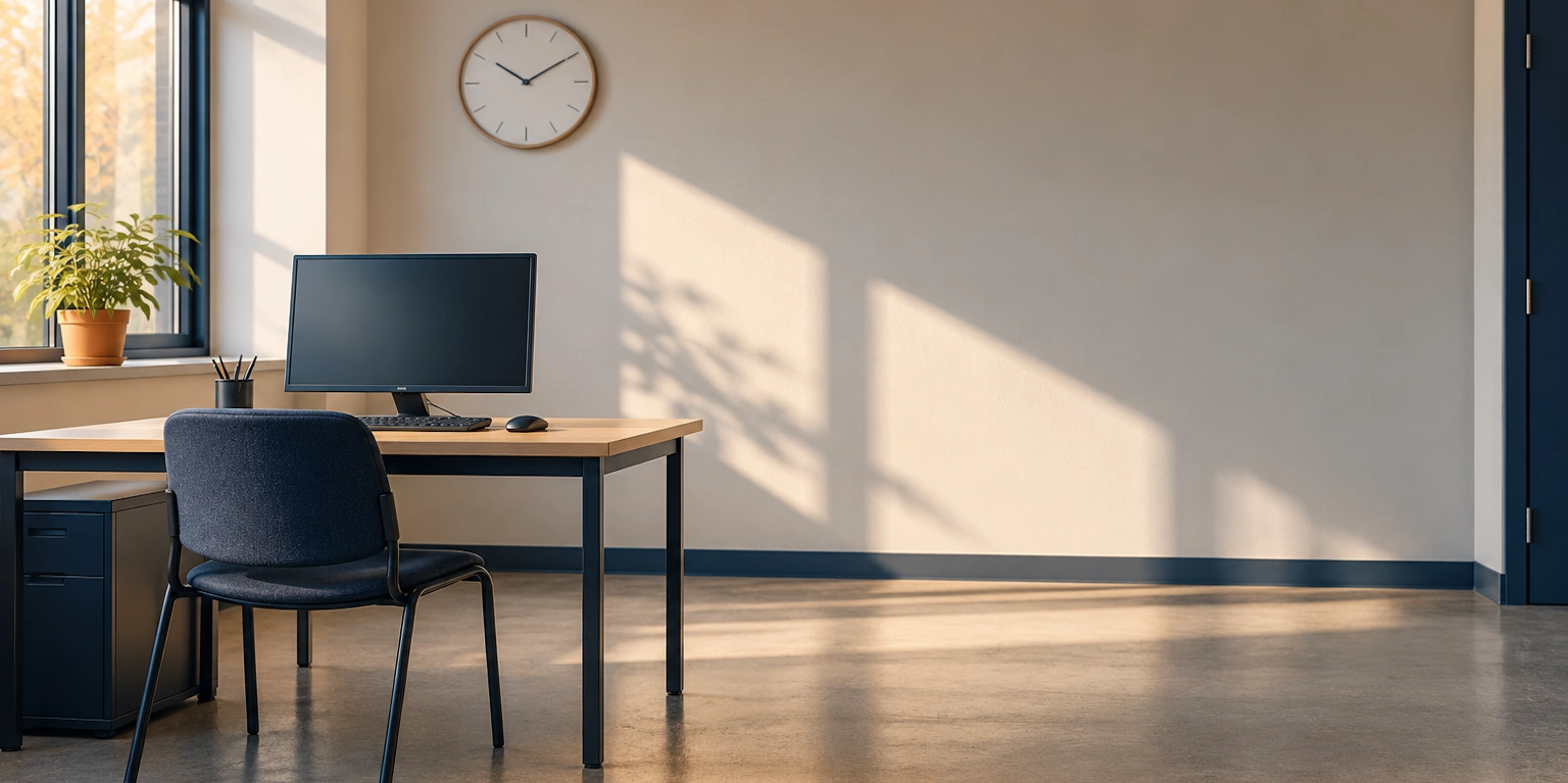 AI-generated image - an empty exam room with a desk, a screen and a wall clock