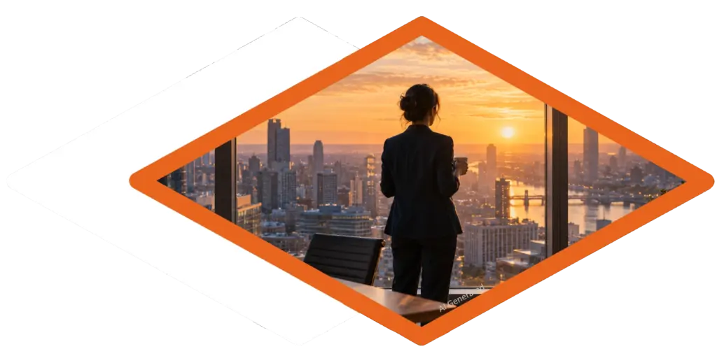 AI-generated image - a professional looks out over a city at sunrise, choosing the next job