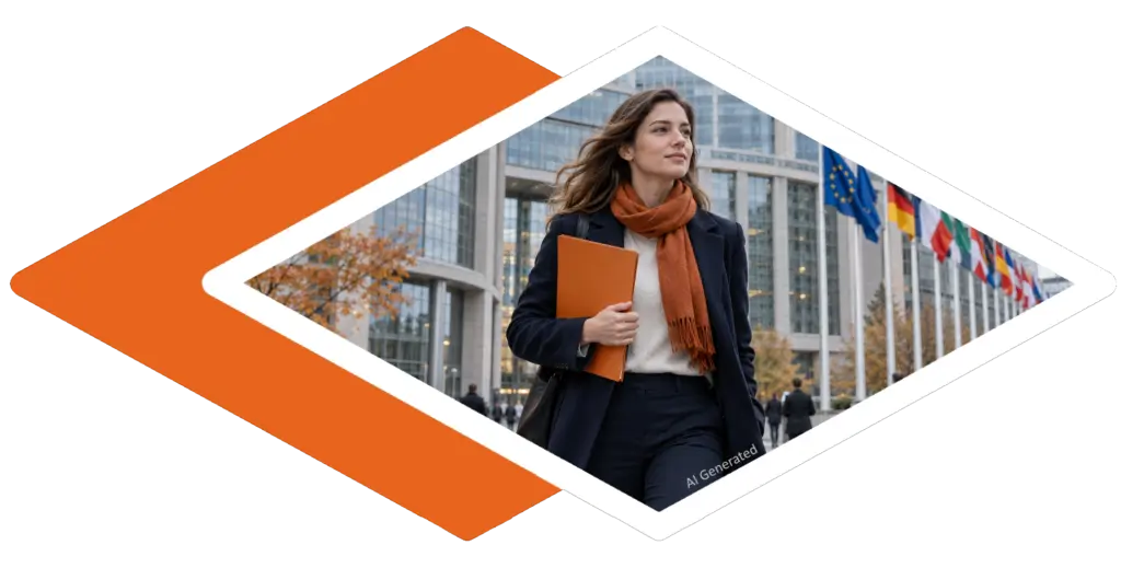 AI-generated image - a professional with a folder outside a European institution, for the CIPP/E study guide