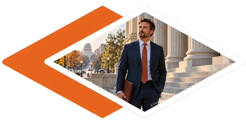 AI-generated image - a professional in front of a columned government building, for the CIPP/US study guide