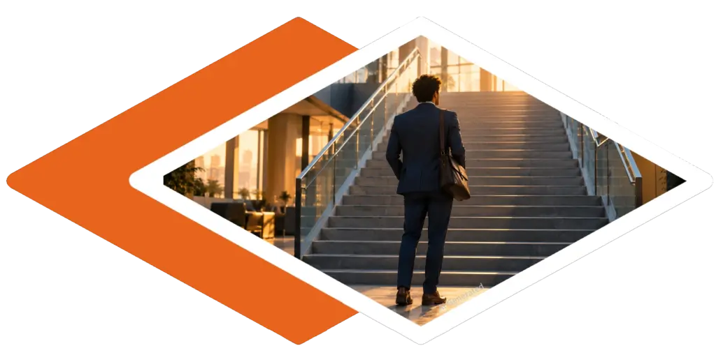 AI-generated image - a professional at the foot of a staircase, about to start