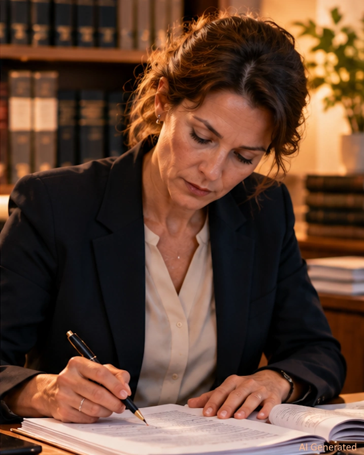 AI-generated image - a privacy counsel reviews a contract at her desk