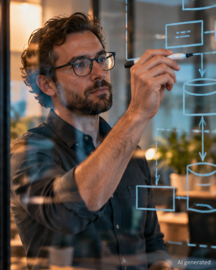 AI-generated image - a privacy engineer sketches a data flow on a glass wall