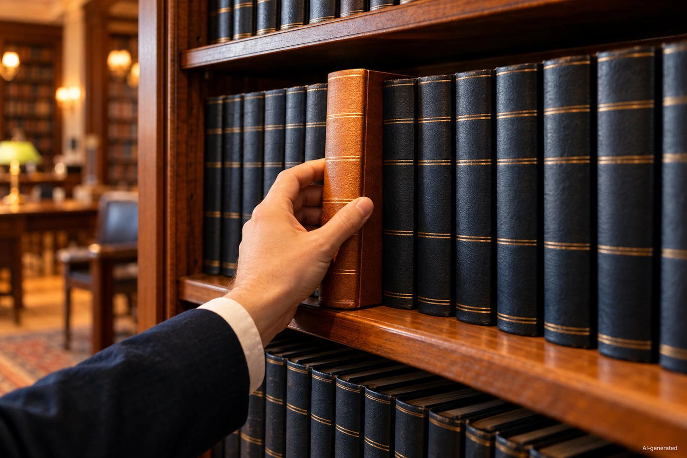 AI-generated image - a hand adds a new volume to a row of law books, as the course is updated when the rules change