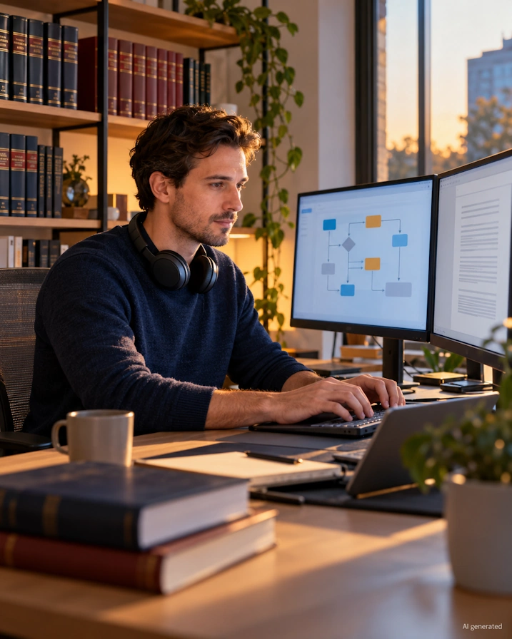 AI-generated image - a legal engineer builds an automated document workflow at his desk
