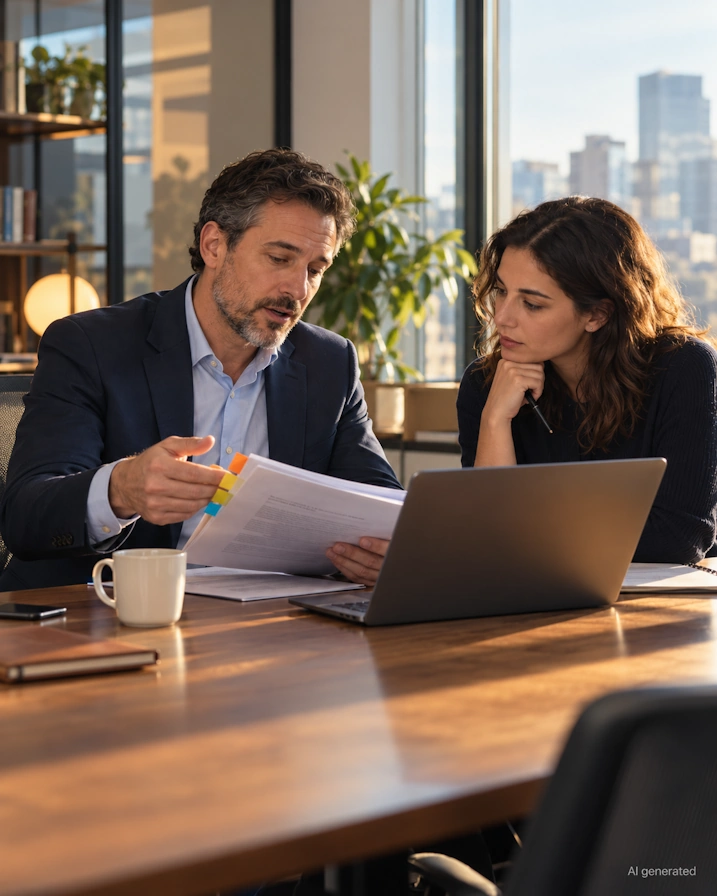 AI-generated image - an AI counsel takes a colleague through an AI vendor contract